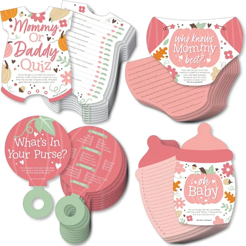 Big Dot of Happiness Girl Little Pumpkin - 4 juegos de baby shower de otoño - 10 cartas cada uno - Quién sabe mejor a mami, cuestionario de mamá o