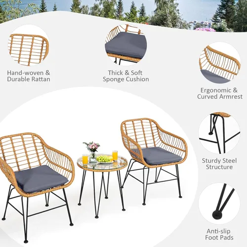 Miniatura 6 de Tangkula Juego de 3 piezas de patio bistró, juego de conversación de ratán con 2 sillones acolchados y mesa de centro redonda de cristal, juego