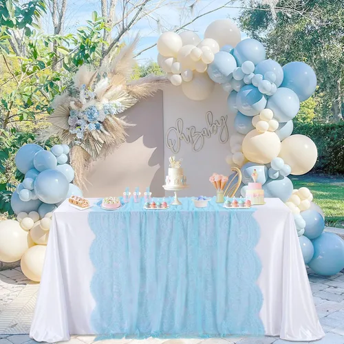 Fanqisi Mantel de encaje azul de 5 piezas de 60 x 120 pulgadas, manteles de encaje clásico para boda, cubierta de mesa de fiesta para despedida de