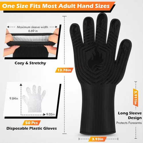 Miniatura 2 de Guantes BBQ, 1472 °F, resistentes al calor, guantes ignífugos, guantes de silicona antideslizantes lavables, guante de horno, guante de cocina