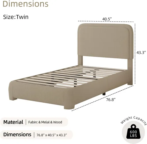 Miniatura 2 de BarnFurin Base de cama individual con cabecero, cama de plataforma tapizada Cloud Boucle, esquinas redondeadas suaves, no necesita somier, Beige