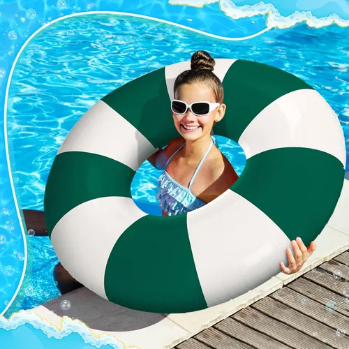 Miniatura 6 de Foilswirl Flotadores inflables jumbo de 47.24 pulgadas para piscina, anillos de piscina a rayas azules y blancas, tubo inflable para mujeres Verde