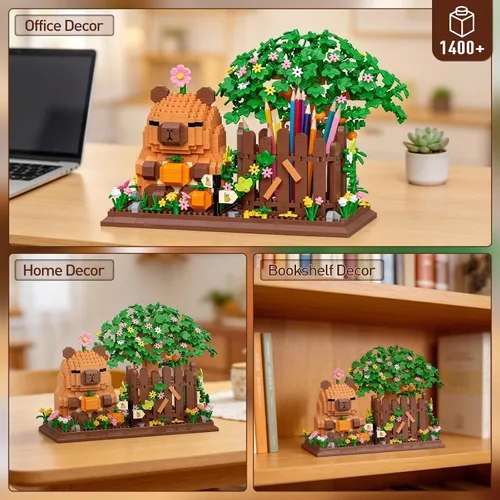 Miniatura 5 de HIGH GODO Capybara - Juego de construcción de portalápices con flores, 2 en 1, lindo organizador de capybara, decoración para bolígrafos, decoración
