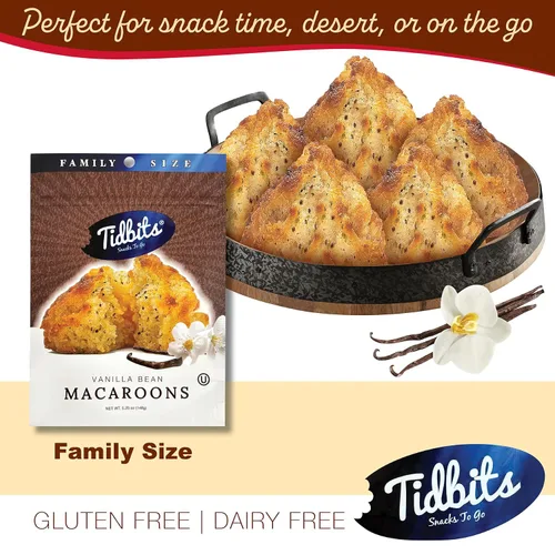 Miniatura 5 de Tidbits Snacks To Go Macarrones de vainilla – 5.25 oz. Tamaño familiar, bocadillos gourmet sin gluten, deliciosas galletas veganas sin lácteos