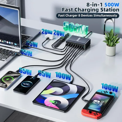 Miniatura 2 de 320W Carga Rápida Bloque de Cargador USB C de 8 Puertos, Estación de Carga USB Multi-Dispositivo Cargador de Pared de Escritorio con Tecnología GaN