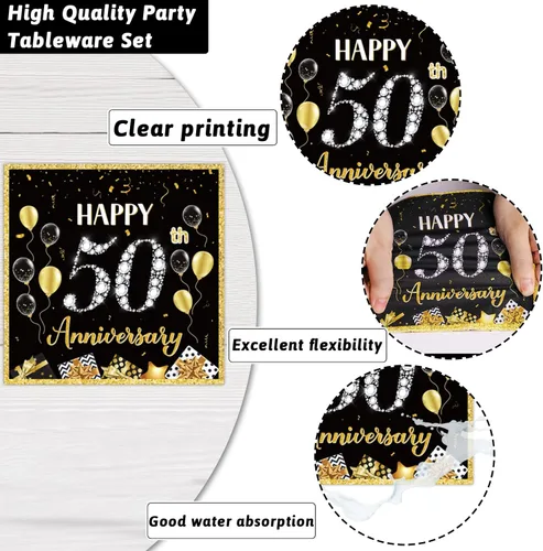 Miniatura 3 de 96 Piezas Platos de Papel Servilletas Tenedores para Fiesta de 50 Aniversario Empleado Carrera Boda 50 Aniversario Oro Negro Vajilla Desechable