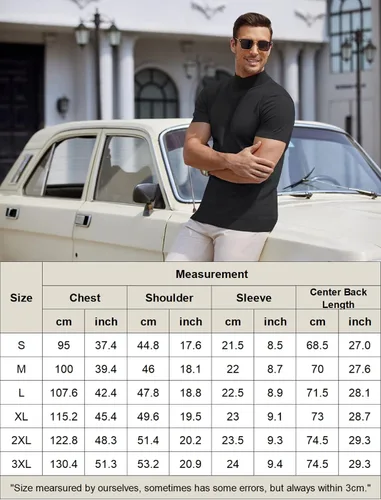 Miniatura 6 de COOFANDY Suéter de cuello alto falso para hombre, de manga corta, color sólido, básico, ajustado, de punto