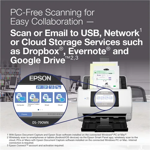 Miniatura 5 de Epson DS-790WN Escáner de documentos a color de red inalámbrica para PC y Mac con escaneo dúplex, función sin computadora, alimentador automático