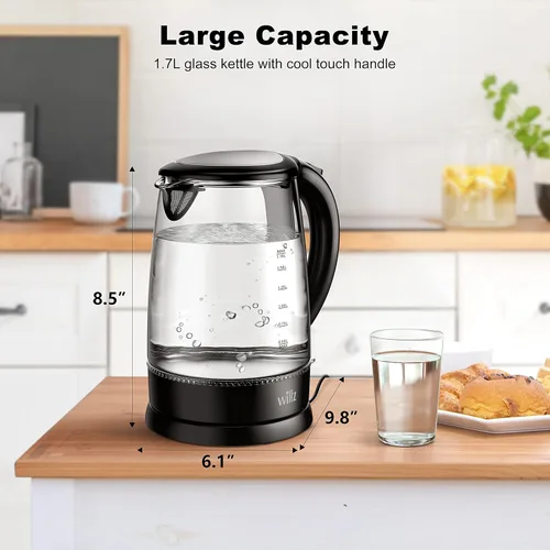 Miniatura 4 de Willz Hervidor eléctrico de vidrio con mango resistente al calor y vertido inalámbrico, tecnología de ebullición rápida y apagado automático, luz