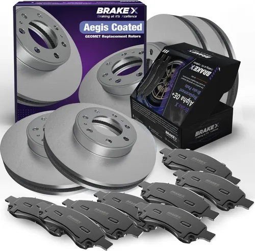 Brake X Kit de pastillas de freno delanteras y traseras para BMW X1 2016-2018 | Rotores recubiertos AEGIS GEOMET y pastillas de freno Alpha Ceramic