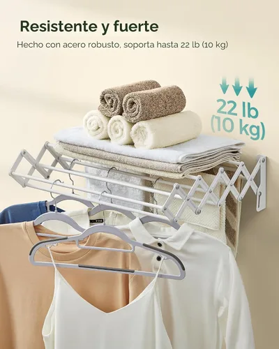 Miniatura 2 de SONGMICS Estante de secado de ropa, estante de secado de ropa montado en la pared, pequeño estante de lavandería acordeón, 9 varillas colgantes