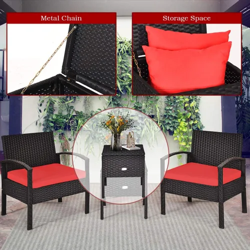 Miniatura 6 de Tangkula Juego de 3 piezas de mimbre para patio, muebles de ratán para exteriores con cojín grueso lavable y mesa auxiliar con espacio
