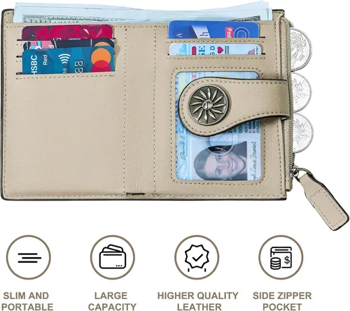 Miniatura 5 de Tipmile - Cartera pequeña para mujer, cartera de cuero con bloqueo RFID, plegable con bolsillo para monedas y con cremallera, Beige, Casual