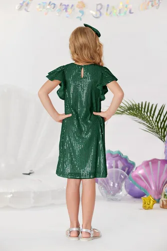 Miniatura 4 de GRACE KARIN Vestido de lentejuelas para niñas, manga corta, con vuelo, silueta acampanada, vestido midi con lazo para el pelo, 5-12 años
