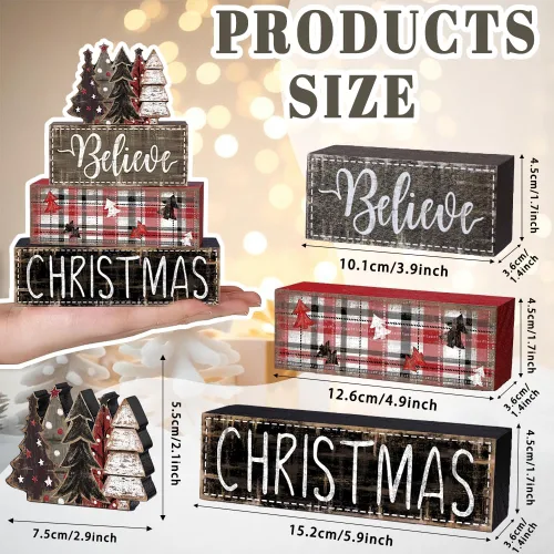 Miniatura 3 de DIYDEC 4 piezas de decoración de mesa de Navidad, árbol de Navidad, letrero de bloque de madera, decoración de bandeja escalonada de Navidad, pieza