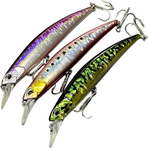 Juego de 3 señuelos de pesca iridiscentes de pececillos – cebos de baño de 5 pulgadas, fundición ultra larga, plástico de alto índice, multicolor