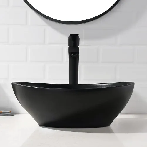 Miniatura 4 de Fregadero de recipiente negro mate de 16 x 13 con grifo y drenaje combinado, fregadero de baño ovalado de porcelana sobre el mostrador Mate negro