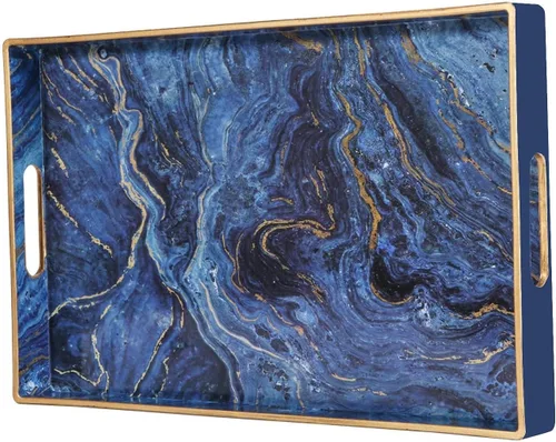 Miniatura 15 de Bandeja decorativa, bandeja de plástico de mármol con asas, bandeja rectangular de tocador y bandeja para servir para baño, cocina, otomana y mesa