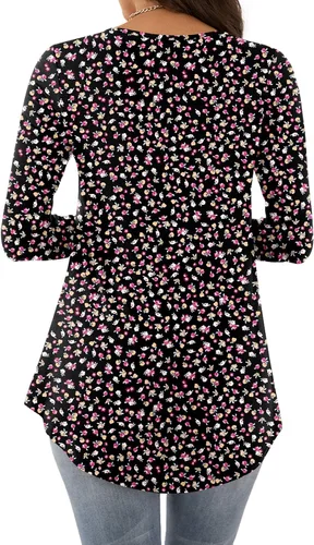 Miniatura 3 de BISHUIGE Blusa de manga corta para mujer, estilo casual, holgada, con panel de encaje, plisada