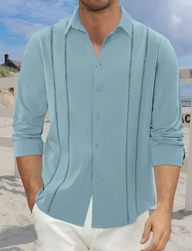 Camisas de manga larga con botones para hombre, cuello con cuello, guayabera cubana, blusa casual de verano para la playa Azul (Blue Ashes)