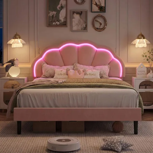 Miniatura 14 de HIFIT Marco de cama LED inteligente tapizado completo con cabecera ajustable de pétalos elegantes, marcos de cama de plataforma de tamaño completo