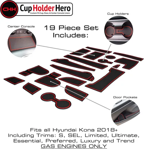 Miniatura 3 de CupHolderHero Compatible con accesorios Hyundai Kona 2018-2021 - Insertos de portavasos antideslizantes antipolvo, tapetes para consola central