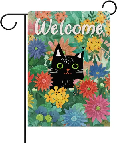 Dyrenson Bandera decorativa de jardín con diseño de gato negro de primavera, casa de gatito, patio, césped, margaritas, flores rojas y azules,