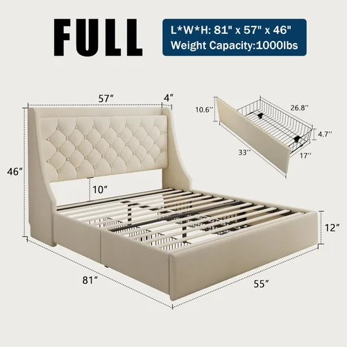 Miniatura 2 de GalnFu Marco de cama de tamaño completo con 4 cajones de almacenamiento, cabecera tapizada grande tipo wingback, estación de carga rápida,