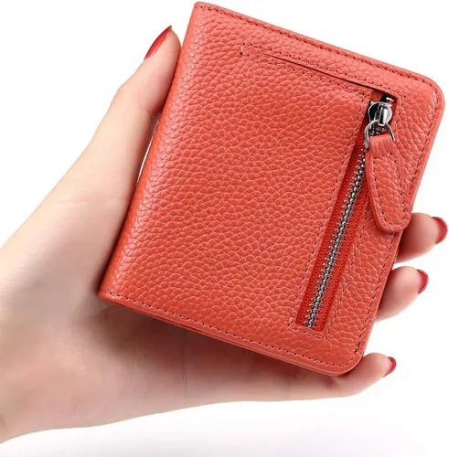 Miniatura 4 de Funtor Cartera de cuero para mujer, pequeña y compacta, con bolsillo doble, bloqueo RFID, para mujer