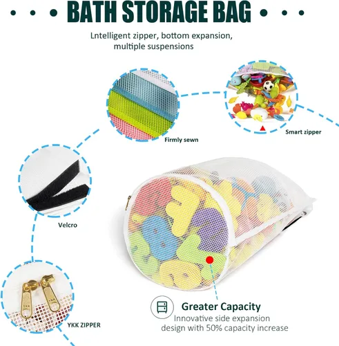 Miniatura 3 de Organizador de juguetes de baño de malla para bebé de gran capacidad, múltiples formas de colgar, almacenamiento de juguetes de baño de apertura