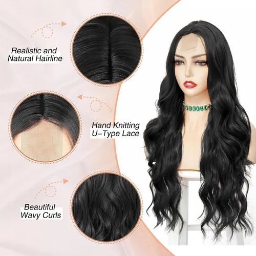 Miniatura 3 de NAYOO Peluca negra ondulada de 26 pulgadas de largo para mujer, peluca sintética de aspecto natural, fibra resistente al calor, suave y ligera, Negro