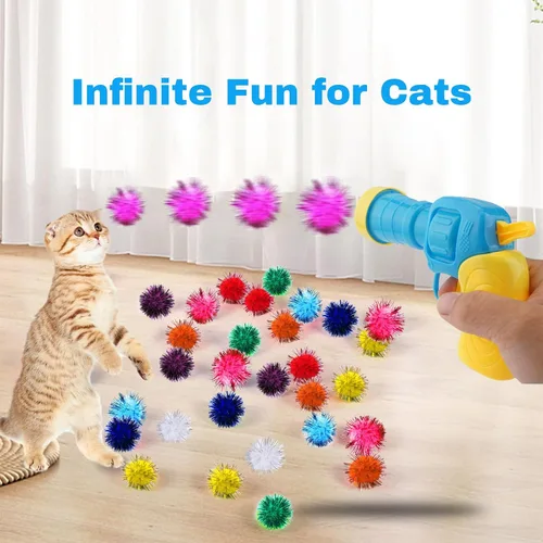 Miniatura 5 de Dorhui Lanzador de pistola de juguete para gatos, 30 bolas de pompones brillantes y lanzador de bolas de gato, disparador de pistola de juguete