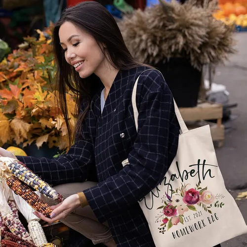 Miniatura 6 de Bolsas de mano florales personalizadas de regalo para mujeres con nombre y fecha de texto, bolsa personalizada para playa, boda, viajes, trabajo