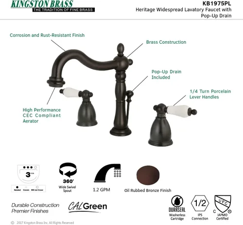 Miniatura 5 de Kingston Brass KB1975PL Heritage Grifo de lavabo generalizado con manija de palanca de porcelana, bronce aceitado Oil Rubbed Bronze