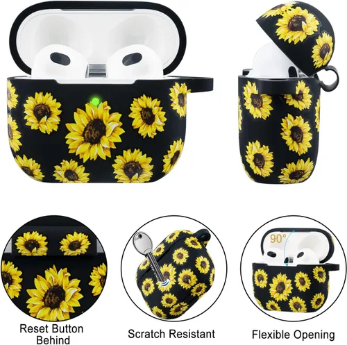 Miniatura 3 de Funda de silicona para Airpods 3 de 3ª generación, funda suave y flexible para AirPod 3, para mujeres y niñas, con llavero, girasol