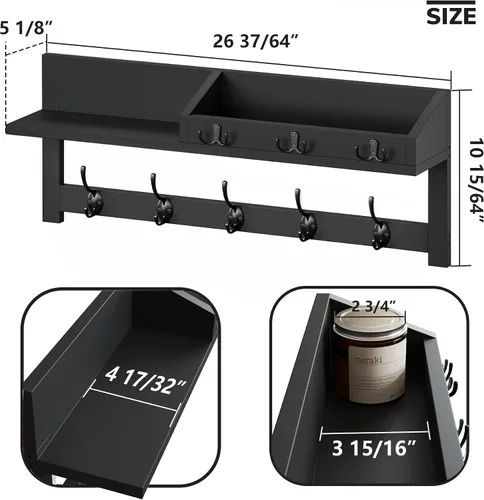 Miniatura 2 de AMBIRD Ganchos de pared con estante, ganchos de abrigo de madera para entrada de 26.57 pulgadas para pared, perchero de pared montado en pared con 5