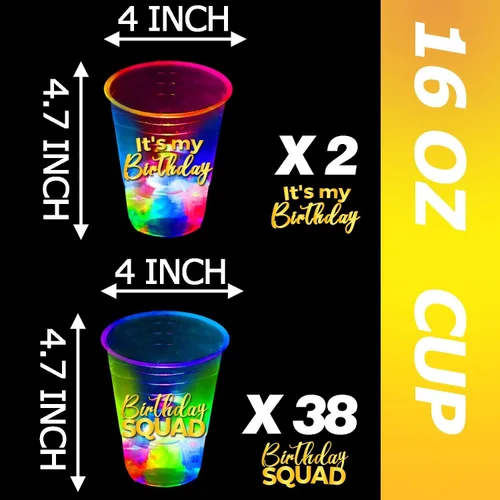 Miniatura 2 de mishunyus Paquete de 24 tazas de cumpleaños brillantes de 16 onzas – Vasos de fiesta reutilizables iluminados para cumpleaños de adultos 21, 30, 40