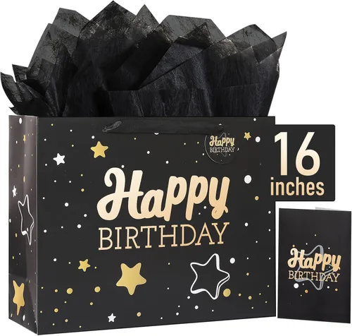Miniatura 12 de Powbrace Bolsa de regalo de cumpleaños negra con papel de seda y tarjeta de felicitación, 13 x 10.2 x 4.9 pies, mediana
