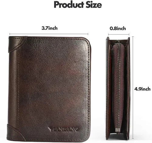 Miniatura 32 de Billetera para hombre con cremallera de cuero genuino RFID tarjeteros de piel de vaca con cremallera bolsillo para monedas, carteras plegables