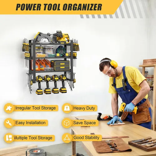 Miniatura 7 de Jusgym Organizador de herramientas eléctricas para montaje en pared, estante de almacenamiento de herramientas de garaje de 200 libras con 4