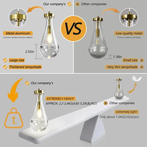 Miniatura 3 de Lámparas Colgantes en Forma de Gota de Lluvia para Isla de Cocina, Juego de 3 Lámparas Colgantes en Forma de Lágrima de Oro, Luz Colgante de Vidrio