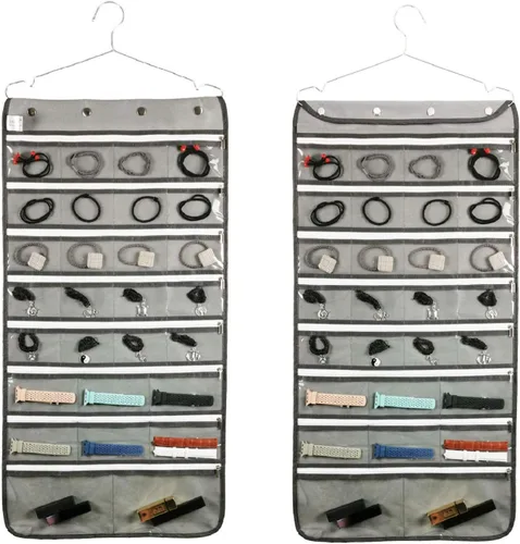 Organizador de joyas colgante de doble cara con colgador para armario, collar, aretes, pulsera, anillo, soporte de viaje (56 bolsillos transparentes