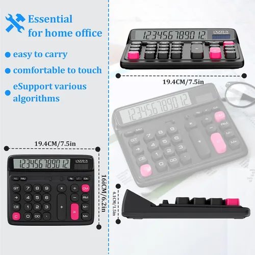 Miniatura 5 de Calculadora de escritorio con pantalla LCD extra grande de 5 pulgadas, calculadora de oficina de 12 dígitos con doble alimentación solar y batería
