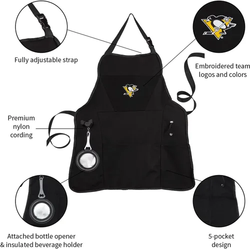 Miniatura 3 de Team Sports America NHL Pittsburgh Penguins - Delantales de chef para hombres y mujeres con bolsillos, correas ajustables, abrebotellas y soporte