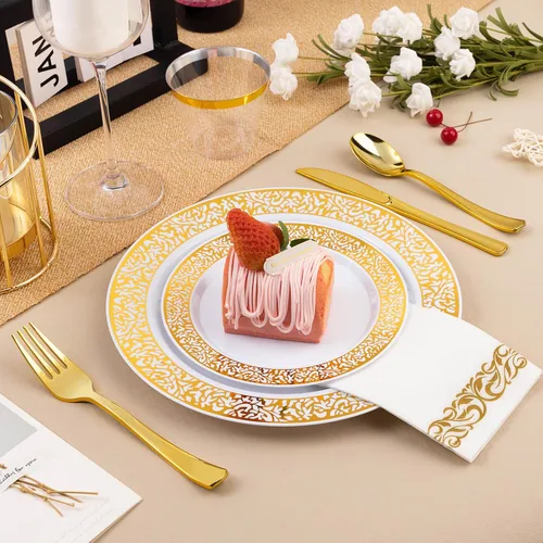 Miniatura 4 de Bestluck Juego de vajilla de plástico dorado de 700 piezas para 100 invitados, platos desechables para fiesta, incluye 100 platos de cena dorados