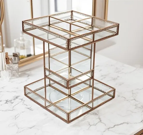 Miniatura 6 de Organizador de maquillaje de vidrio giratorio 360, almacenamiento de cosméticos giratorio con compartimentos multicapa, soporte de maquillaje Latón