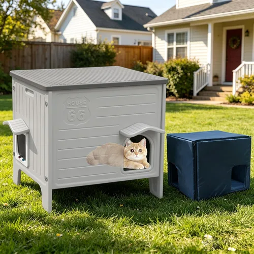 Miniatura 11 de Casa de plástico para gatos para interiores y exteriores, casa impermeable para gatos con puerta de escape para gatos salvajes exteriores, refugio