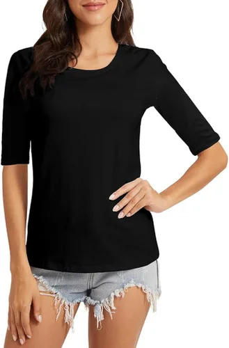 Miniatura 3 de VIIOO Camiseta básica de media manga con cuello redondo para mujer, casual, color liso, de algodón