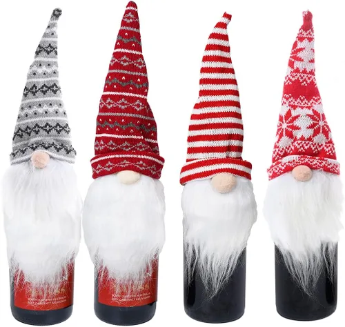 Miniatura 4 de Cubiertas de Vino Gnomo de Navidad Paquete de 4 Tomte Sueco Hecho a Mano Adornos Suecos para Botellas de Vino Papá Noel Decorativo Escandinavo