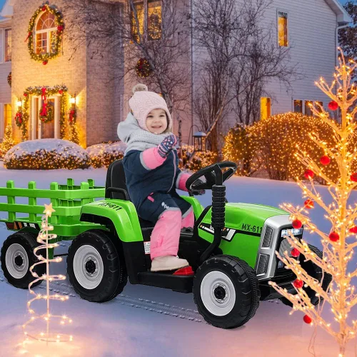 Miniatura 6 de Tractor de paseo para niños con remolque verde y control remoto, vehículo eléctrico con batería de 12V para niños pequeños con arranque lento, 7